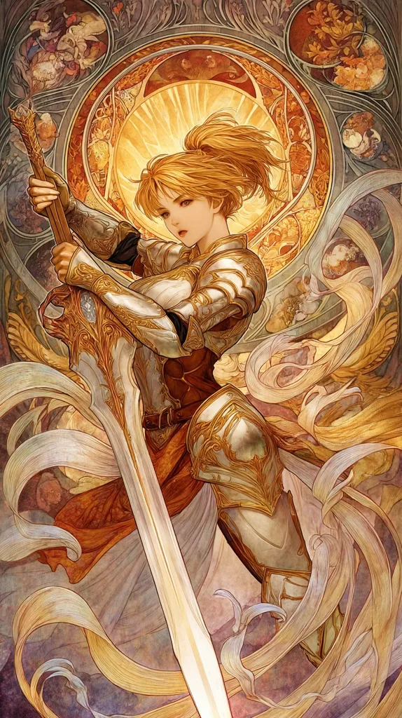 A female knight, adorned in ornate golden armor, grips a large, intricately designed sword.  Her blonde hair is pulled back, and her expression is serious and determined.  She is centrally positioned within a circular Art Nouveau-style frame filled with swirling, flowing lines and decorative motifs.  Warm, golden hues dominate the artwork, creating a radiant and powerful image.