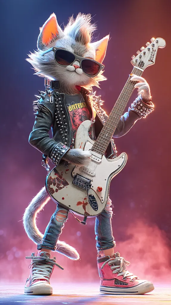 A cool cat rocks out on an electric guitar.  The feline musician sports sunglasses, a studded leather jacket, ripped jeans, and high-top sneakers.  Its spiky hair and confident pose complete the rebellious rock star look. The guitar is worn and shows signs of use, adding to the overall edgy aesthetic. The background is a hazy purple and red, emphasizing the dramatic lighting.