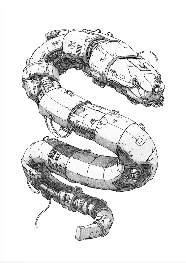 A detailed ink drawing depicts a serpentine, mechanical creature.  Its segmented body is composed of cylindrical modules, intricately detailed with rivets, hatches, and conduits, suggesting a complex internal mechanism. The creature's head is subtly biomechanical, merging technological and organic elements. The overall style is reminiscent of science fiction concept art, emphasizing texture and mechanical complexity.