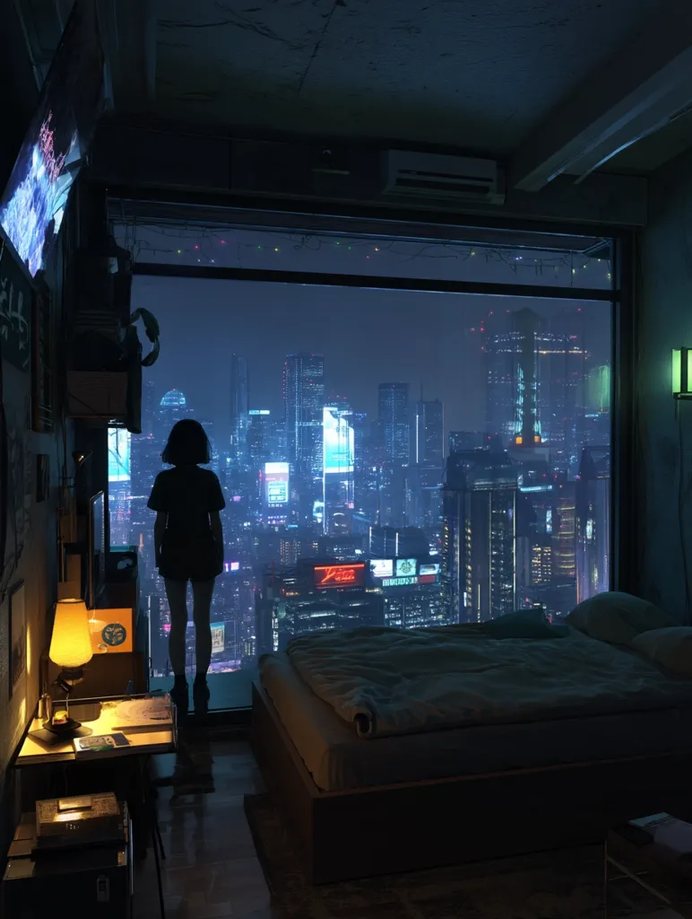 A lone figure stands silhouetted against a large window overlooking a sprawling, neon-lit cyberpunk cityscape at night. The room is dimly lit, furnished with a bed, a small desk, and a lamp.  A sense of solitude and quiet contemplation permeates the scene, the vibrant city lights contrasting sharply with the dark, intimate interior.  The overall aesthetic is dark, moody, and futuristic.