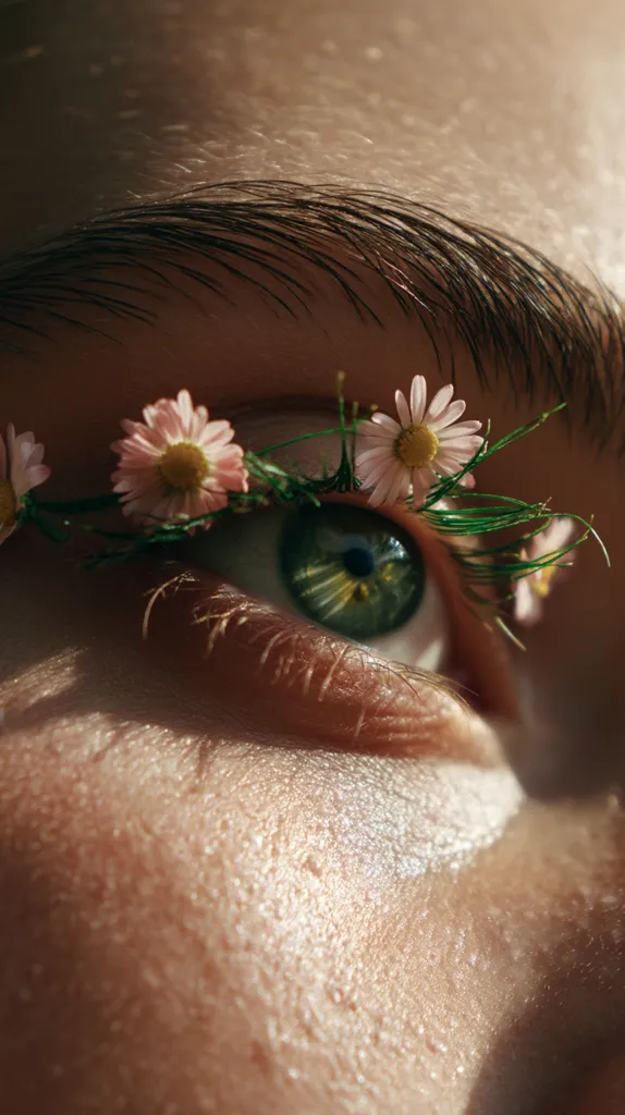 Close-up of a person's eye adorned with delicate pink flowers and green stems, creating a unique and artistic lash look.  The flowers are carefully placed along the lash line, contrasting with the person's green iris.  Sunlight highlights the skin's texture, adding a natural glow to the overall image.  The effect is ethereal and captivating.