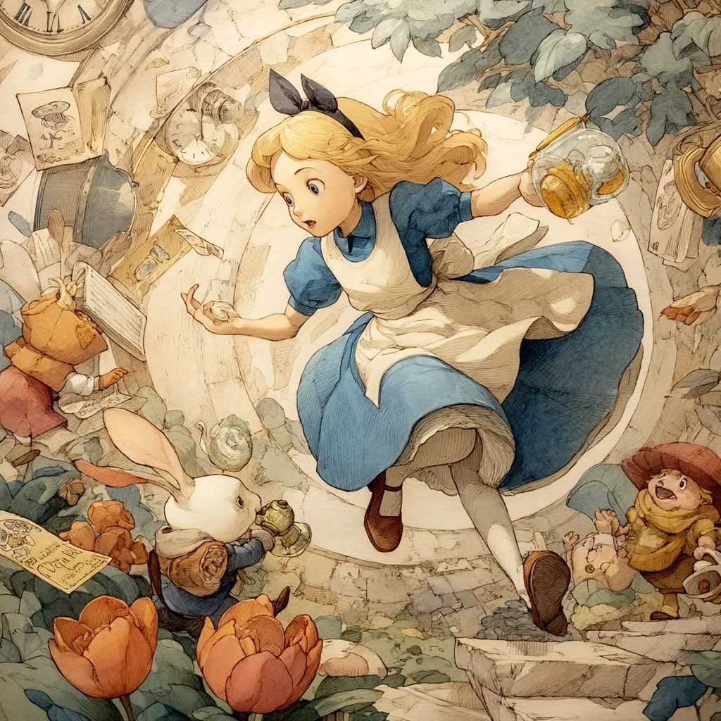 Alice tumbles down a swirling vortex, her blue dress billowing around her.  A white rabbit with a satchel holds a teapot, while other fantastical creatures and objects float amidst a chaotic scene of clocks, books, and flowers.  The watercolor style evokes a dreamy, whimsical atmosphere reminiscent of Lewis Carroll's "Alice's Adventures in Wonderland."  Alice's expression is one of surprised wonder as she navigates this surreal landscape.