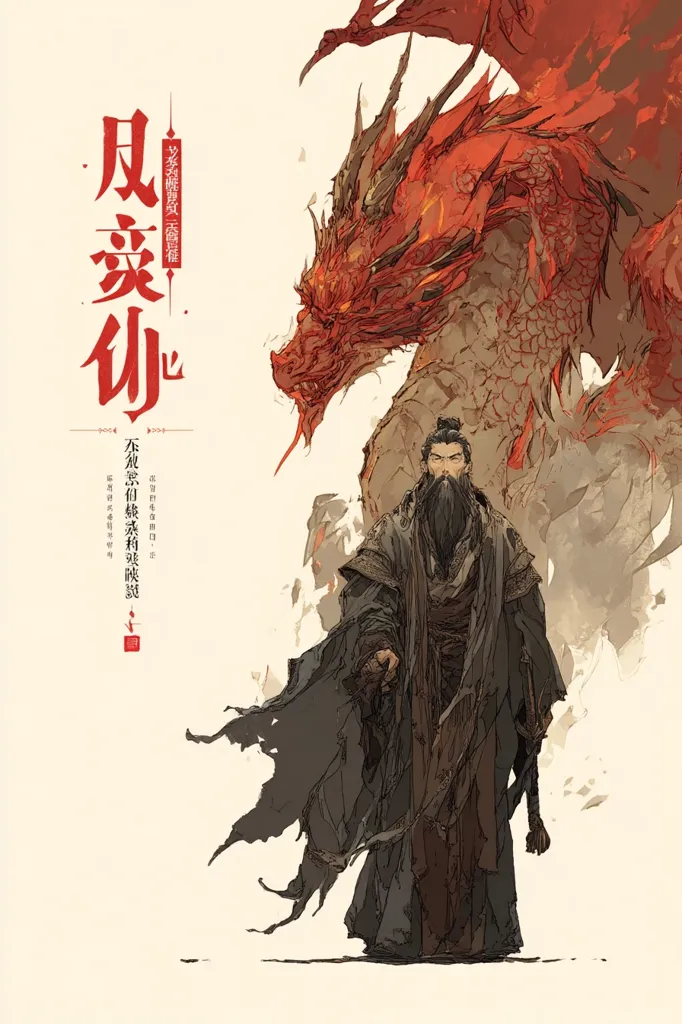 The artwork depicts a man with a long beard, dressed in dark robes, standing before a large, fiery red dragon.  The man's expression is serious, and his attire suggests a person of power or mystical significance. The dragon, rendered in dynamic strokes, dominates the background, its fiery scales and imposing presence hinting at a powerful and potentially dangerous force.  The overall style is evocative of East Asian art, with a blend of traditional and contemporary elements.  Chinese characters are visible, likely the title or part of the narrative.