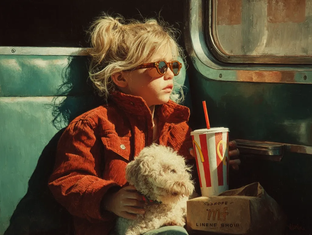 A young girl with blonde hair in pigtails sits on a train, sunlight illuminating her face and a red corduroy jacket.  She wears sunglasses and holds a small fluffy dog. A McDonald's cup and a bag of food rest beside them.  The scene is bathed in warm, nostalgic light, suggesting a journey and a sense of quiet contemplation.