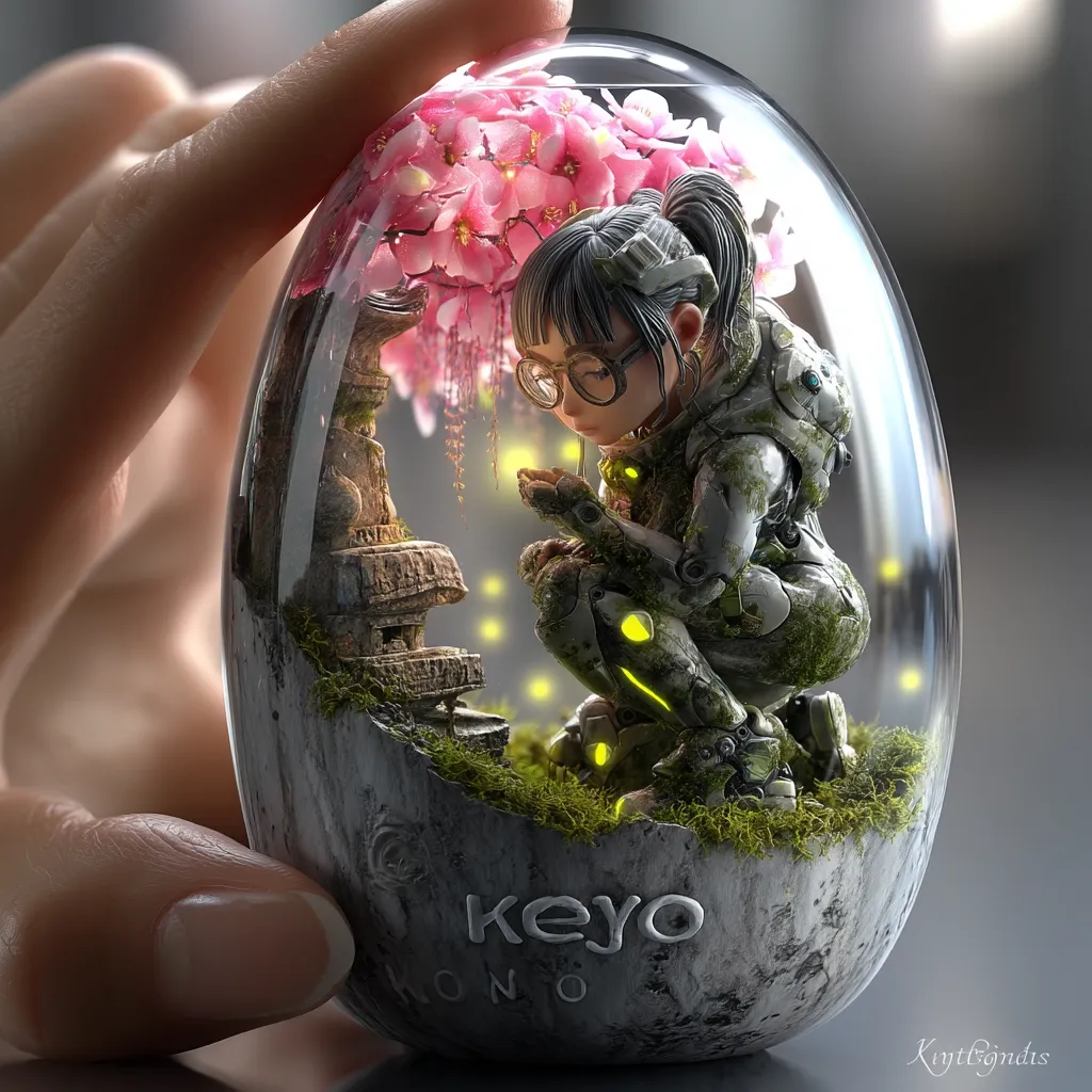 A miniature, futuristic girl in a mech suit sits amidst a mossy diorama inside a glass orb.  Pink cherry blossoms cascade above her, illuminating fireflies below a miniature stone pagoda. The scene is delicately detailed, showcasing a blend of technology and nature. The orb rests in a hand, emphasizing its delicate scale and artistic craftsmanship.  The artist's signature is subtly visible on the base.