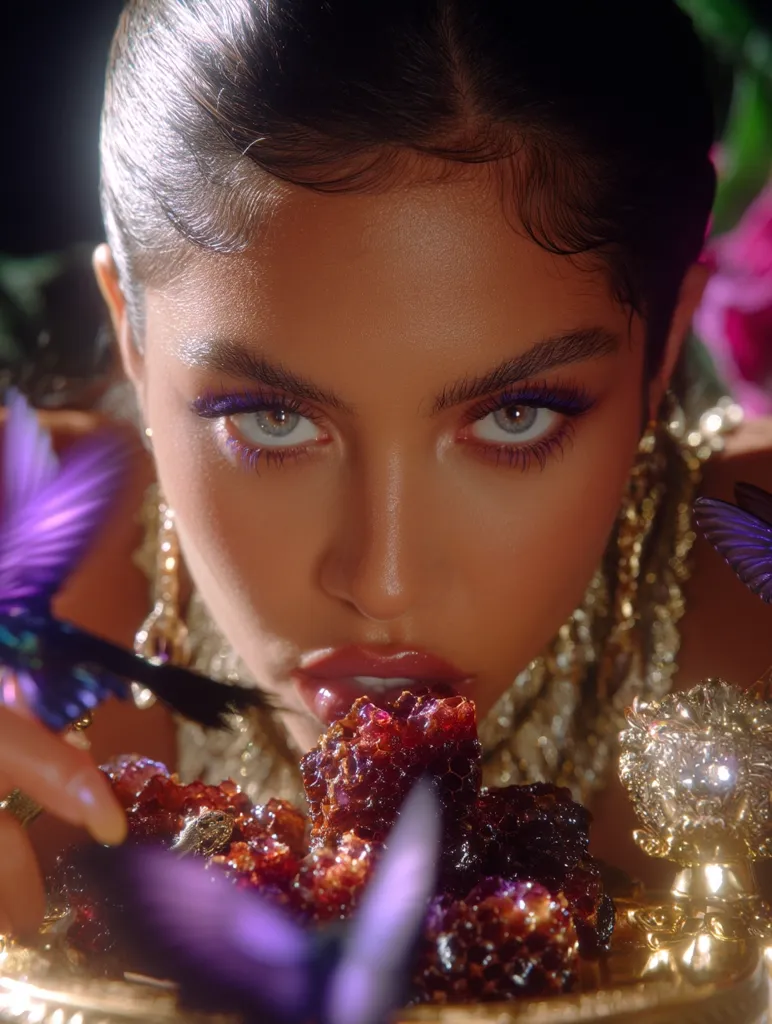 A woman with dark hair styled in a sleek updo gazes intensely at a plate of glistening dark honeycomb.  She wears elaborate gold jewelry and vibrant purple eyeshadow.  Purple butterflies flutter around her and the honeycomb, creating a surreal, luxurious atmosphere. Her lips are parted, as if she is about to taste the sweet treat. The image is richly textured and dramatically lit.