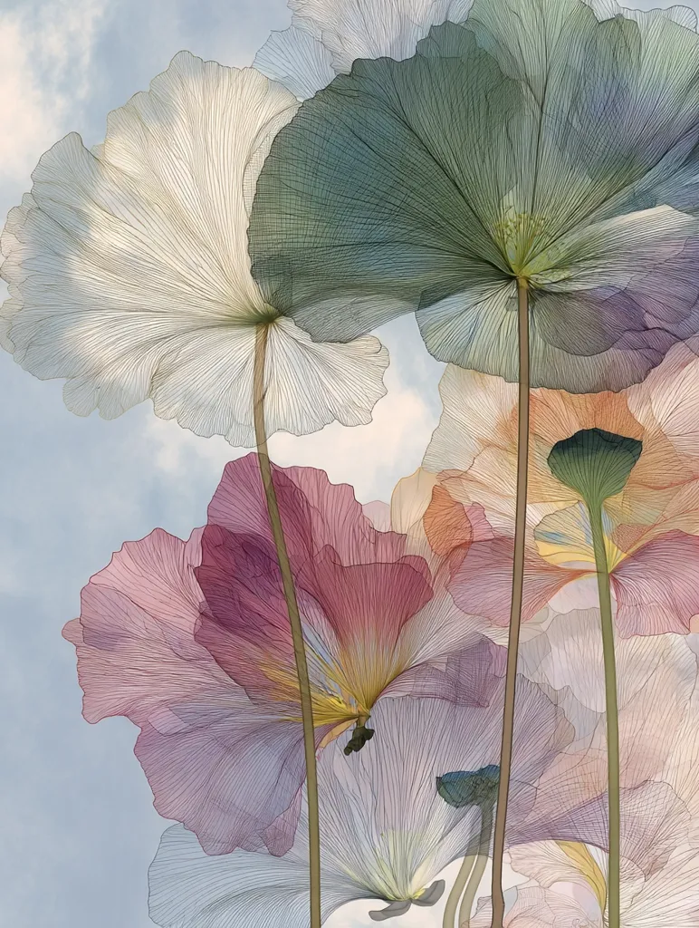 An ethereal image depicts delicate, translucent flowers against a soft blue sky.  The blooms, in muted pastel shades of pink, purple, green, and beige, appear almost skeletal, showcasing intricate vein-like structures.  Their forms are reminiscent of poppies or anemones, their petals softly overlapping and creating a dreamy, weightless composition. The overall effect is serene and artistically stylized.