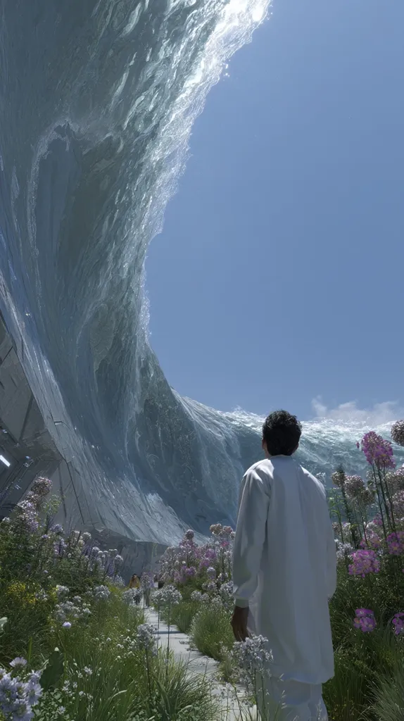 A colossal wave, seemingly frozen in time, looms over a path lined with wildflowers.  A person in a white robe walks away from the viewer, towards the wave, creating a dramatic contrast between the immense scale of nature and the human figure.  The sky is bright and clear, enhancing the surreal and slightly ominous atmosphere of the scene.