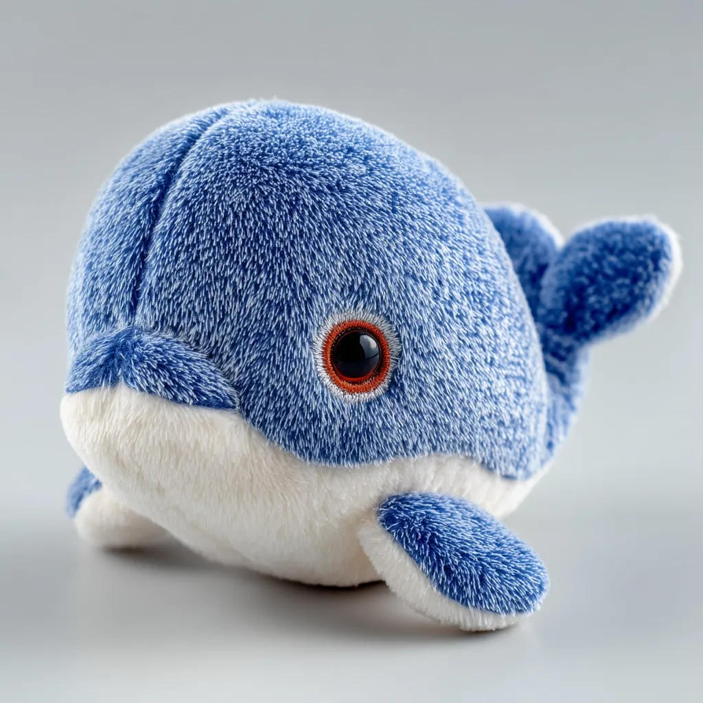 A plush blue dolphin toy rests on a light gray surface.  Its soft, textured fur is predominantly blue, with a white underside and a single, large orange eye.  The dolphin's flippers and tail are visible, adding to its charming and cuddly appearance.  The overall impression is one of softness and playfulness.