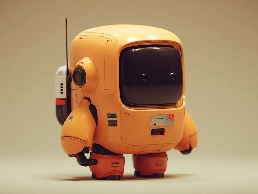 A cute, compact robot stands against a muted beige background.  Its body is a vibrant orange, with a dark visor-like face and stubby orange legs.  Small details, such as an antenna and a side panel, add to its retro-futuristic aesthetic.  The robot appears friendly and somewhat childlike in its design. The lighting is soft and even, highlighting the robot's smooth curves and playful features.