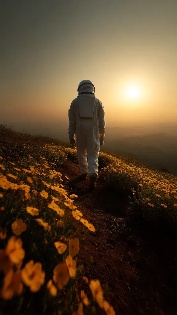 An astronaut in a white spacesuit walks along a path on a hill at sunset.  The path is lined with vibrant yellow wildflowers, creating a striking contrast against the dark soil.  The sun sets in the distance, casting a warm golden light across the landscape.  The scene evokes a sense of exploration and solitude.