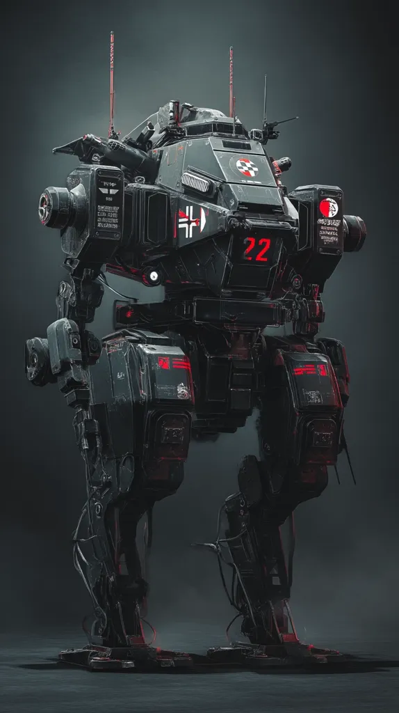 A heavily armed, bipedal mech, number 22, stands on a dark surface.  Its dark grey chassis is adorned with red accents and markings reminiscent of a stylized Iron Cross.  The mech appears weathered and battle-scarred, suggesting extensive use.  Numerous antennae and technological details add to its imposing and futuristic design.  The overall aesthetic blends military and science fiction elements.