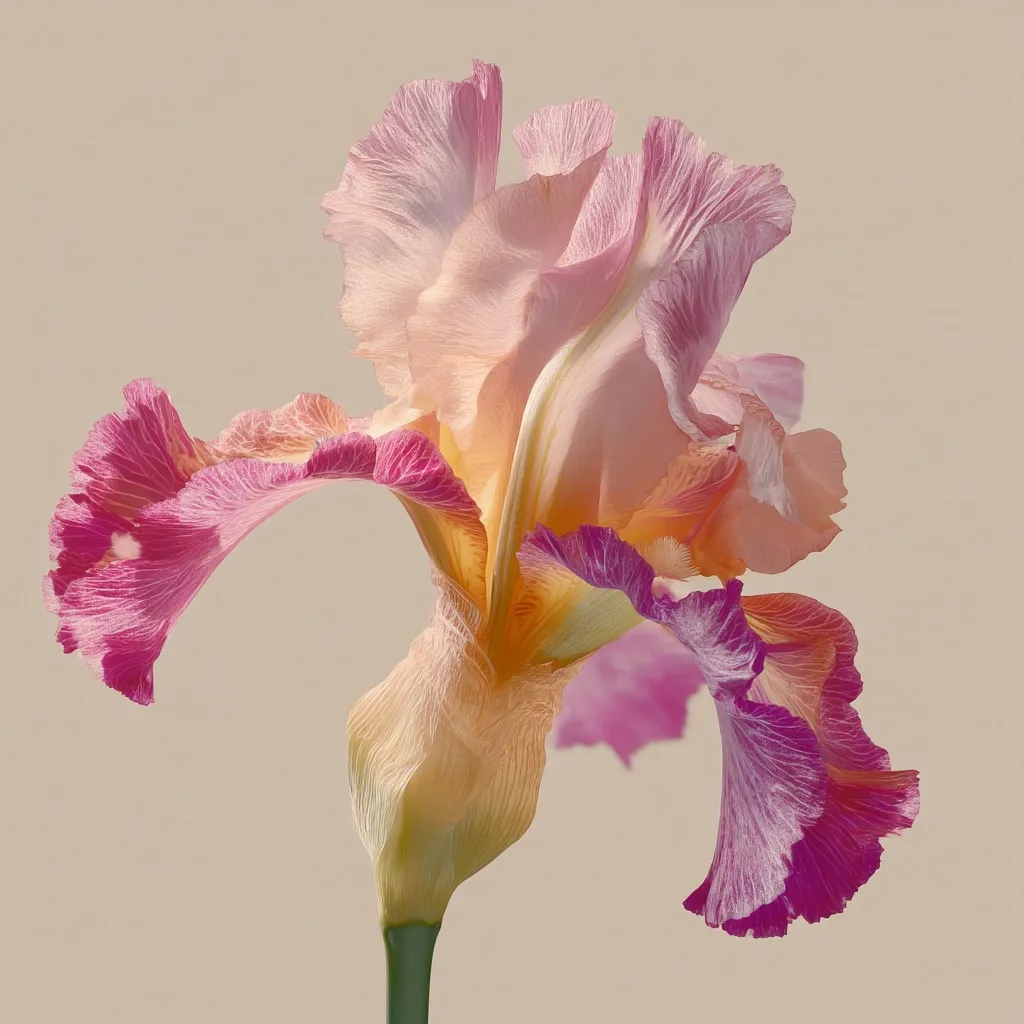 A single iris blossom, delicately rendered, dominates the image.  Its petals exhibit a gradient of soft peach and rose, edged with a deeper magenta.  The flower's form is elegant, with falls gracefully curving downward.  The background is a muted beige, allowing the iris's subtle colors to stand out. The image has a soft, almost ethereal quality.