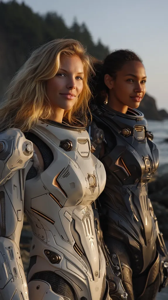 Two women in futuristic, armored suits stand on a rocky beach at sunset.  One suit is predominantly light grey and off-white, the other dark grey and black.  The women are positioned close together, their faces visible, showcasing a blend of strength and beauty. The ocean and a distant coastline form the backdrop, creating a dramatic and visually striking scene.