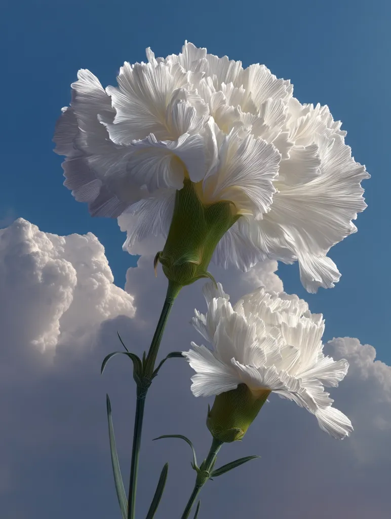 Two pristine white carnations, their petals delicately ruffled, reach towards a vibrant blue sky dotted with fluffy white clouds.  The flowers are sharply in focus, their texture and form exquisitely detailed, contrasting beautifully against the soft, blurred background. The scene evokes a sense of serenity and natural beauty.