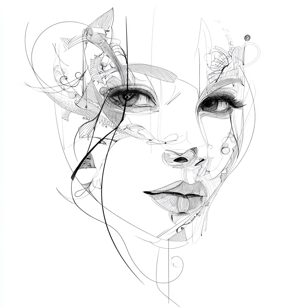 A monochromatic line drawing depicts a woman's face, intricately detailed with swirling, abstract lines interwoven with realistic facial features.  The style is a blend of realism and abstract expressionism, creating a sense of depth and mystery.  Intricate patterns and flowing lines emanate from her hair and around her face, adding to the artwork's complex and captivating nature. The overall effect is both elegant and enigmatic.