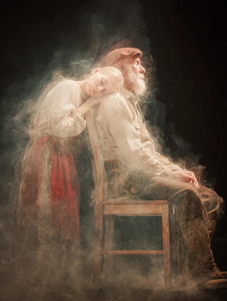 An elderly man with a white beard sits on a wooden chair, a younger woman rests her head on his shoulder.  They are enveloped in a hazy cloud of dust or powder, creating a dreamlike, ethereal atmosphere.  The woman wears a long, flowing garment with a red underskirt; the man is dressed in simple, earthy tones.  The dark background emphasizes the figures and the dusty effect.  The image evokes a sense of intimacy and quiet contemplation.