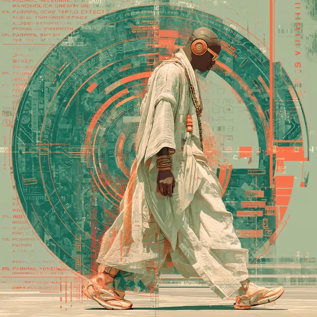 A stylized figure, possibly a priest or sage, walks across a futuristic, abstract background.  He wears flowing beige robes, gold jewelry, and modern headphones. The background features swirling teal and orange geometric patterns, resembling digital circuitry or a technological interface, overlaid with indecipherable text.  The overall aesthetic blends traditional clothing with advanced technology, suggesting a blend of cultures or time periods.