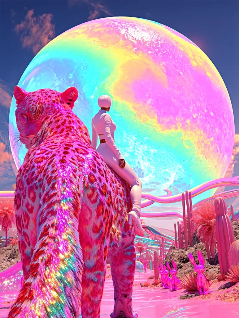 A woman in a white bodysuit rides a vibrant pink leopard with iridescent spots.  They traverse a surreal, candy-colored landscape dominated by a large, rainbow-hued moon.  Pink cacti and rabbits line a path leading towards the celestial body. The scene is dreamlike and fantastical, blending elements of science fiction and fantasy.