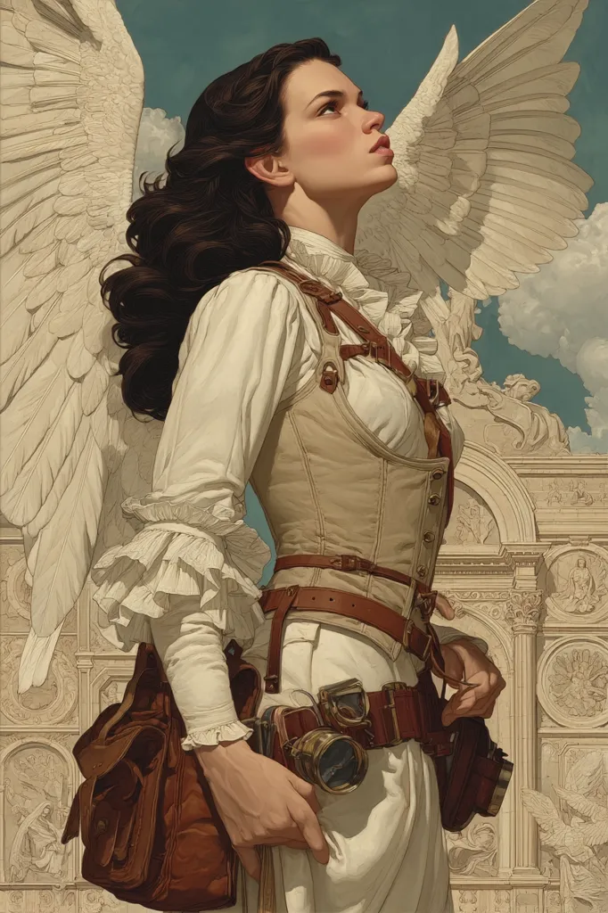 A woman with large, white angel wings gazes upward, her expression serene and hopeful.  She's dressed in a steampunk-inspired ensemble: a beige corset, white ruffled blouse, and brown leather straps and bags.  Antique-looking cameras are fastened to her belt.  The background features an ornate classical archway, creating a juxtaposition of styles and hinting at a fantastical narrative.  The overall style is realistic and highly detailed, emphasizing both the woman's ethereal quality and her technological accouterments.