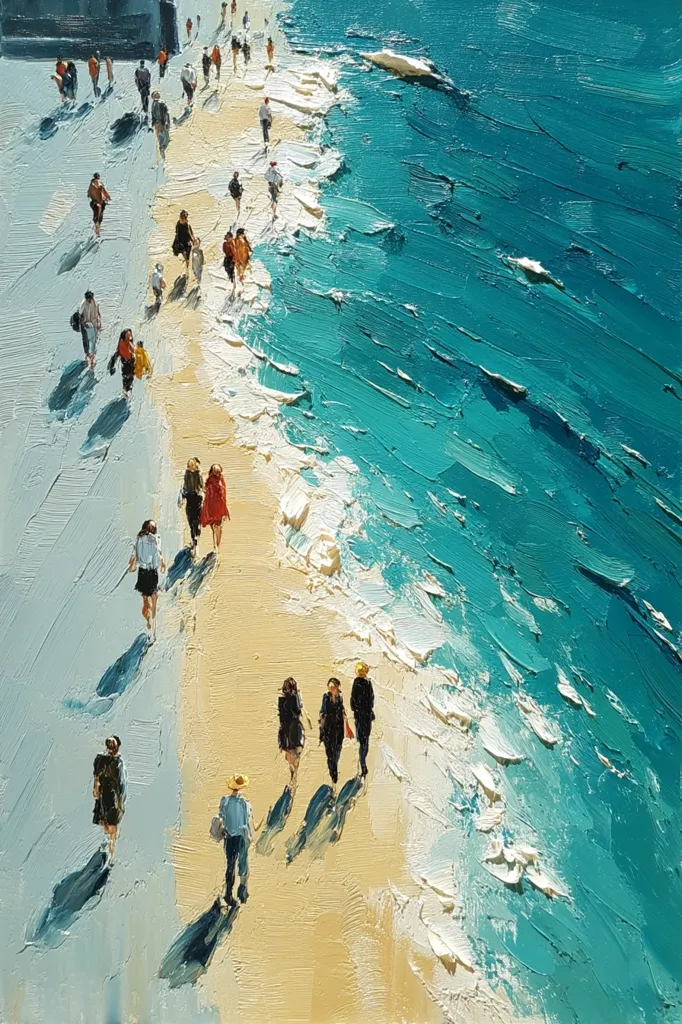 An impasto oil painting depicts a beach scene viewed from above.  A narrow sandy strip, populated by small figures strolling along, separates the viewer from a vibrant turquoise sea.  The figures are painted with loose brushstrokes, conveying a sense of movement and sunlight. The ocean's texture is rendered with thick, expressive brushwork, capturing the dynamic energy of waves lapping the shore. The overall effect is one of lively movement and sun-drenched serenity.