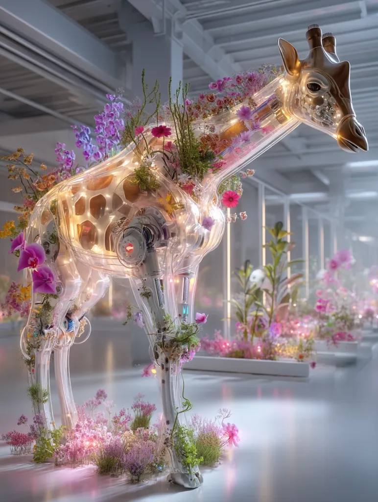 A translucent, robotic giraffe sculpture is adorned with vibrant flowers and tiny lights, creating a whimsical, biomechanical artwork. Its internal structure is visible, showcasing intricate mechanical components intertwined with blossoming flora. The giraffe stands amidst a garden of delicate pink and purple flowers, enhancing the surreal and beautiful fusion of nature and technology. The setting appears to be a modern, minimalist indoor space.