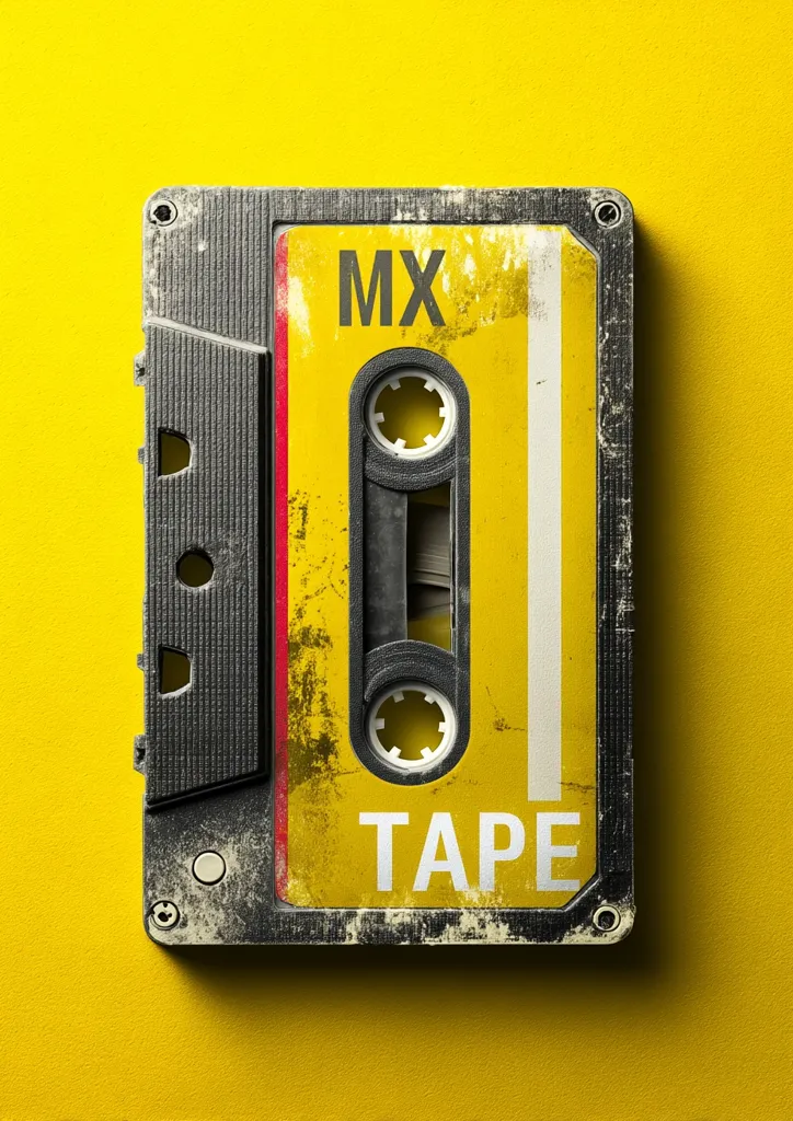 A worn-out audio cassette tape with a yellow label is shown against a vibrant yellow background.  The label displays "MX TAPE" in a simple sans-serif font.  The cassette shows signs of age and wear, with visible scratches and discoloration.  The overall aesthetic is retro and nostalgic, suggesting a vintage music item.