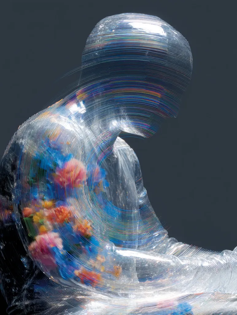 A translucent sculpture, resembling a seated human figure, is enveloped in layers of transparent material.  The figure's form is obscured by swirling lines of iridescent color, creating a sense of movement and distortion.  Embedded within the material are vibrant, colorful flowers, appearing almost like a ghostly bouquet.  The overall effect is ethereal and slightly unsettling, blending fragility with a technological aesthetic.