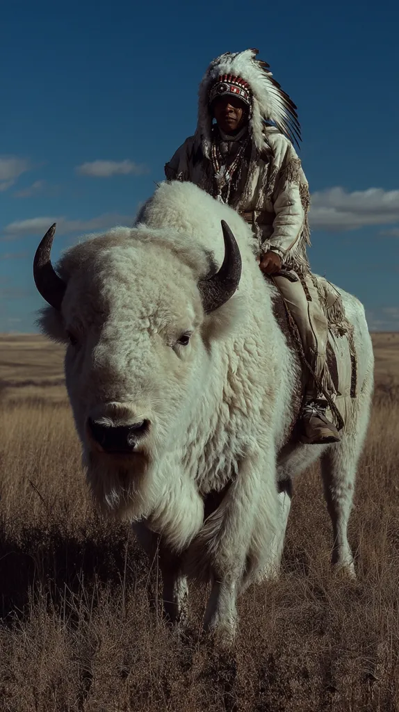 A Native American man in traditional headdress sits atop a majestic white bison.  The pair stand in a dry, grassy field under a clear blue sky. The bison's thick, white fur contrasts sharply with the brown landscape. The image evokes a sense of history and the connection between Native American culture and the natural world.