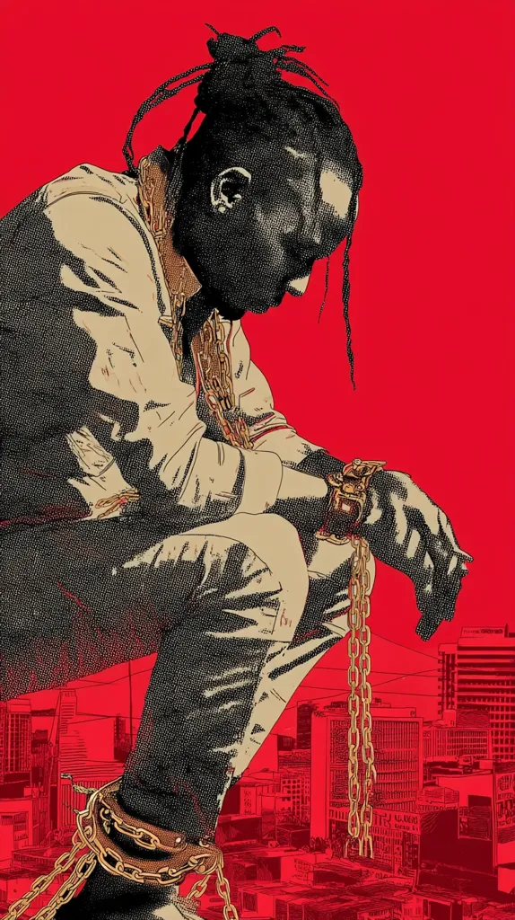 A stylized illustration depicts Travis Scott in a crouched position, bound by heavy gold chains against a vibrant red backdrop.  His head is bowed, and his face is partially obscured. The chains extend downwards, seemingly anchoring him to a city skyline rendered in a similar graphic style. The overall mood is one of somber constraint and urban confinement.