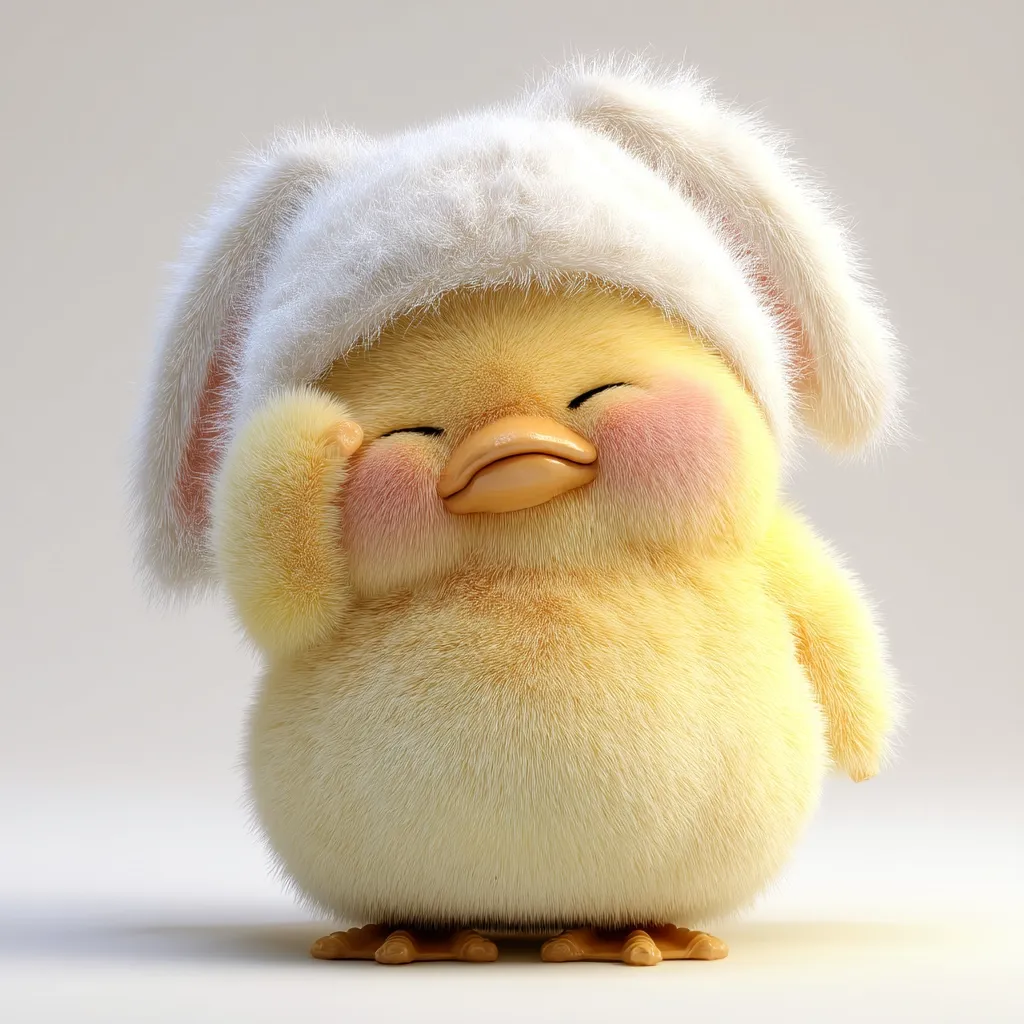 A fluffy, yellow duckling, seemingly drowsy, wears an oversized white bunny-eared hat.  Its cheeks are rosy, and one wing is gently raised to its face. The duckling's soft fur and adorable expression create a charming and cuddly image.  It stands on a light-colored surface, against a plain background.