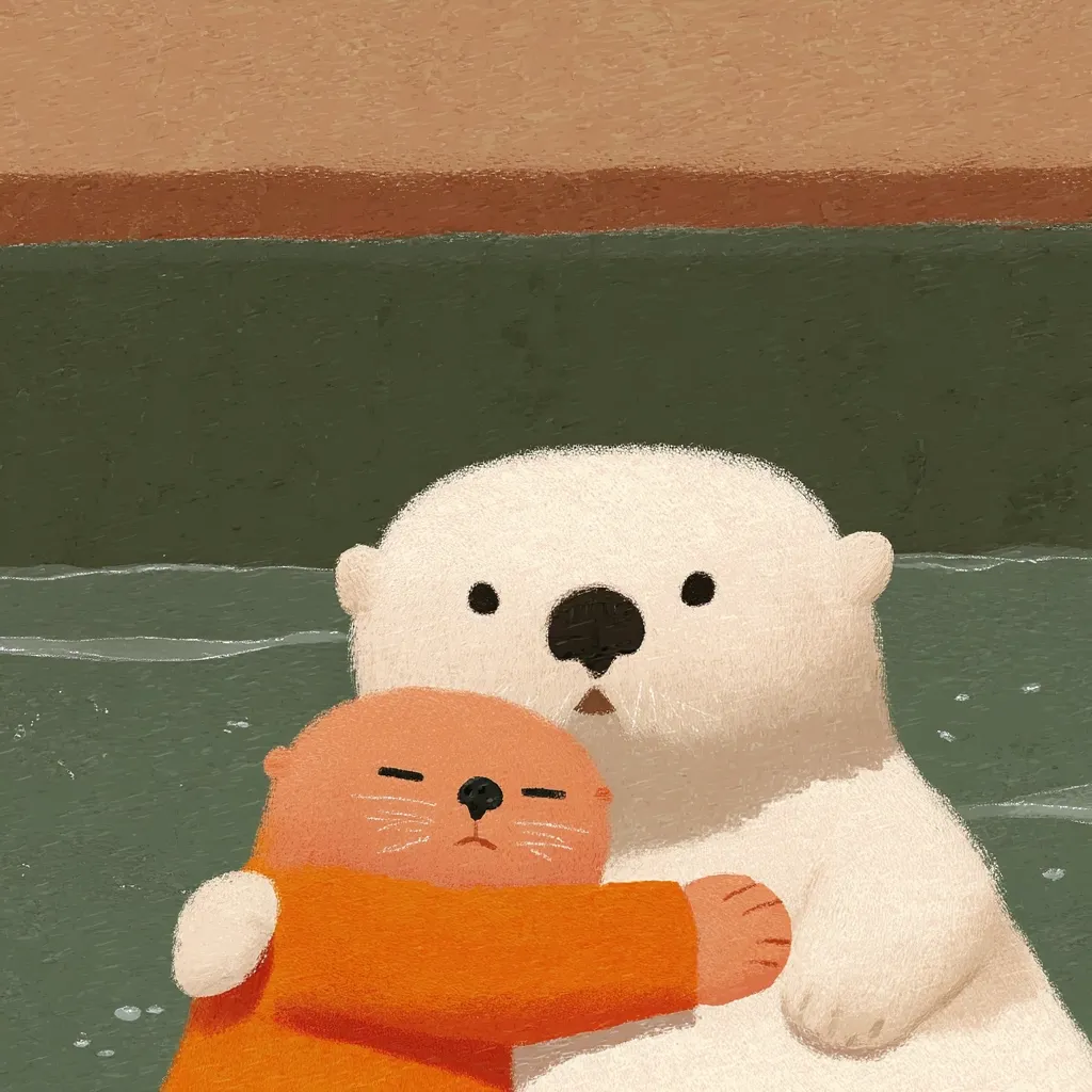 A heartwarming illustration depicts a small, orange-clad otter embracing a larger, white sea otter.  The smaller otter's arms are wrapped around the larger one's neck, conveying a sense of affection and comfort. The background is a muted green-brown, suggesting a calm aquatic environment. The style is soft and painterly, with a focus on gentle textures and muted tones. The overall mood is peaceful and endearing.