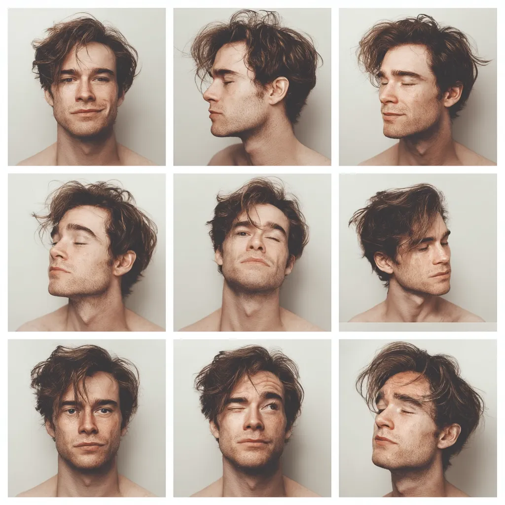 A collage showcases a young man with tousled brown hair, displaying a variety of expressions.  Nine close-up shots capture him from different angles and with varied moods, ranging from a smirk to a serene closed-eye expression. The consistent background highlights the subtle changes in his facial features and demeanor.  His bare chest is visible in each image.