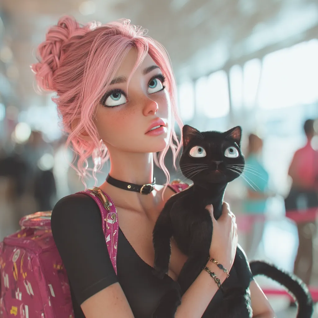 A digital illustration of a young woman with pink hair styled in a bun, holding a black cat.  She's wearing a black top and a pink backpack, and a choker necklace.  The woman and cat have large, expressive eyes. The background is a blurred depiction of an airport or terminal, suggesting travel. The overall style is whimsical and cartoonish.