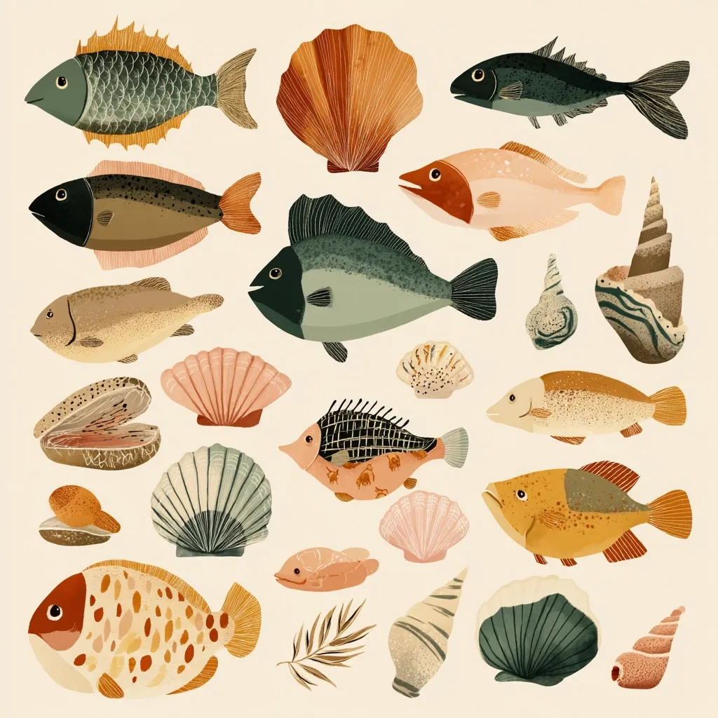 A collection of stylized illustrations depicts various fish and seashells on a cream background.  The fish are diverse in color and shape, ranging from muted greens and browns to vibrant oranges and pinks.  Seashells are similarly varied, including scallops, clams, and spiral shells, adding to the overall whimsical underwater theme.  The style is simple yet detailed, with each element exhibiting a unique texture and pattern.