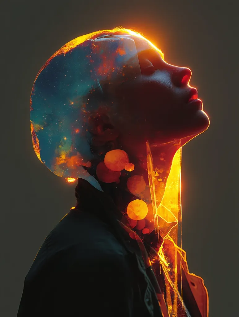 A stylized portrait of a person, their head encased in a translucent, amber-like material that reveals a swirling nebula within.  Warm, golden light illuminates the figure, contrasting against the cool blues and purples of the cosmic scene embedded in their head.  The overall effect is surreal and otherworldly, suggesting a connection between the individual and the cosmos.
