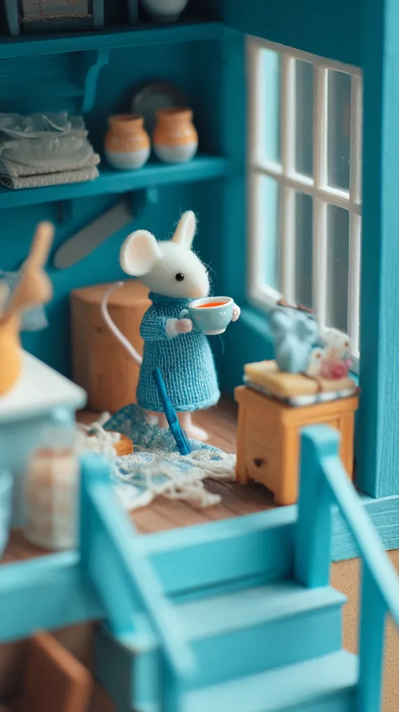 A miniature white mouse, dressed in a blue knitted sweater, sits on a teal-colored staircase in a dollhouse.  It holds a tiny cup, seemingly enjoying a moment of tea. The dollhouse features a kitchen area with shelves holding small pottery and textiles.  A quaint, charming scene with meticulous detail.
