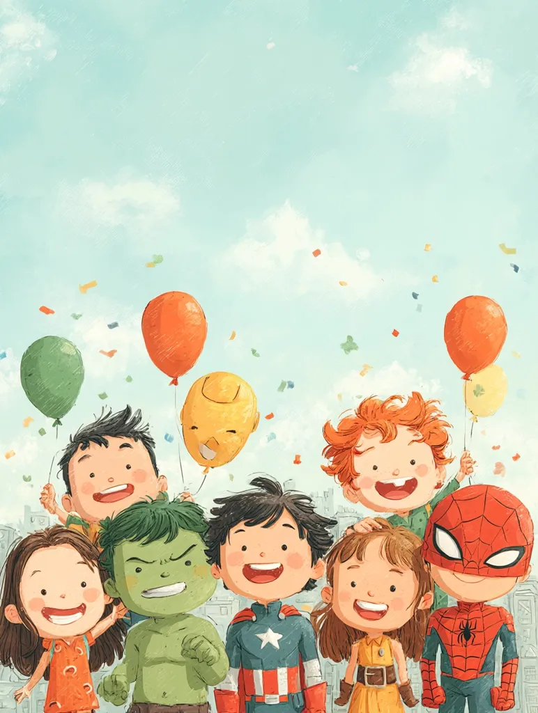 A cheerful group of children, dressed as superheroes, celebrate with colorful balloons against a bright blue sky.  The illustration features a diverse group including Captain America, Hulk, Spiderman, and other kids. Confetti adds to the festive atmosphere, creating a vibrant and playful scene.