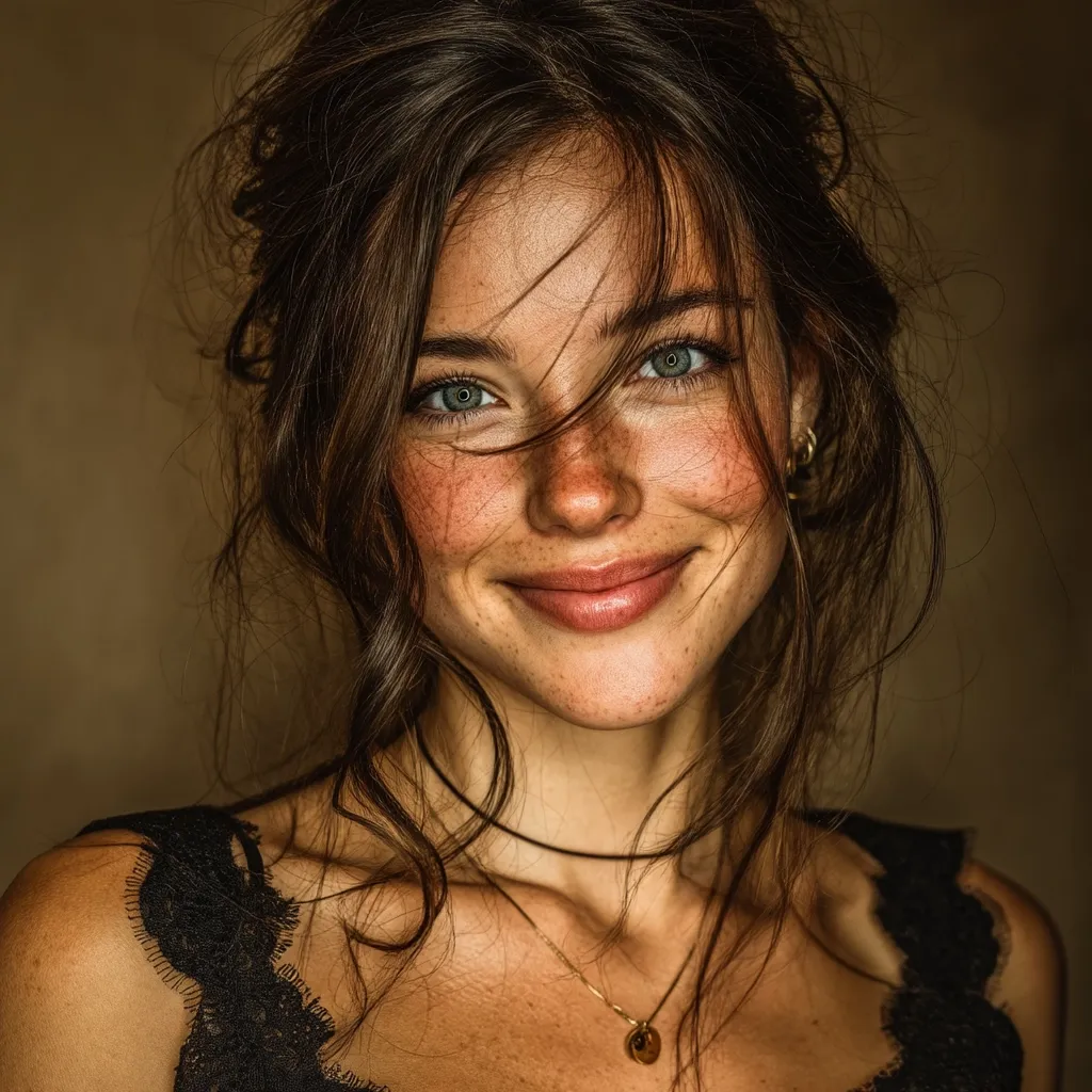 A close-up portrait of a young woman with freckled skin and captivating green eyes.  Her brown hair is styled in a loose, messy bun, with strands framing her face.  She wears a delicate gold necklace and a black lace top.  A gentle smile plays on her lips, creating a warm and inviting expression. The muted background emphasizes her natural beauty.