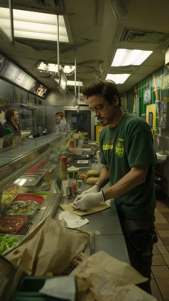 Robert Downey Jr., portraying Tony Stark, is shown working behind the counter of a Subway restaurant. He's wearing a green Subway t-shirt and gloves, preparing a sandwich.  Other customers and employees are visible in the background of the dimly lit fast-food establishment.  The scene appears to be a still from a film.