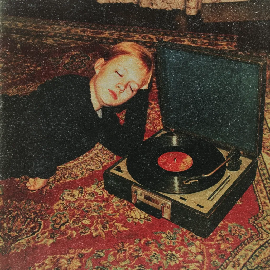 A young child with reddish-blonde hair lies peacefully asleep on a richly patterned carpet, their head resting near a vintage record player. The record player is open, displaying a dark vinyl record with a reddish-orange label. The scene is captured with a vintage filter, giving it a nostalgic, slightly grainy aesthetic.  The overall mood is one of quiet contemplation and childhood innocence.