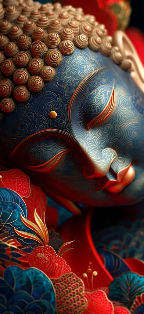 A detailed close-up reveals a serene Buddha's face, intricately adorned with swirling blue patterns and golden accents.  The ushnisha is composed of numerous small, spiraling buns. The Buddha's expression is peaceful, eyes gently closed.  The backdrop features vibrant red and blue floral motifs, creating a rich tapestry of color and texture, suggestive of Eastern art and spirituality.