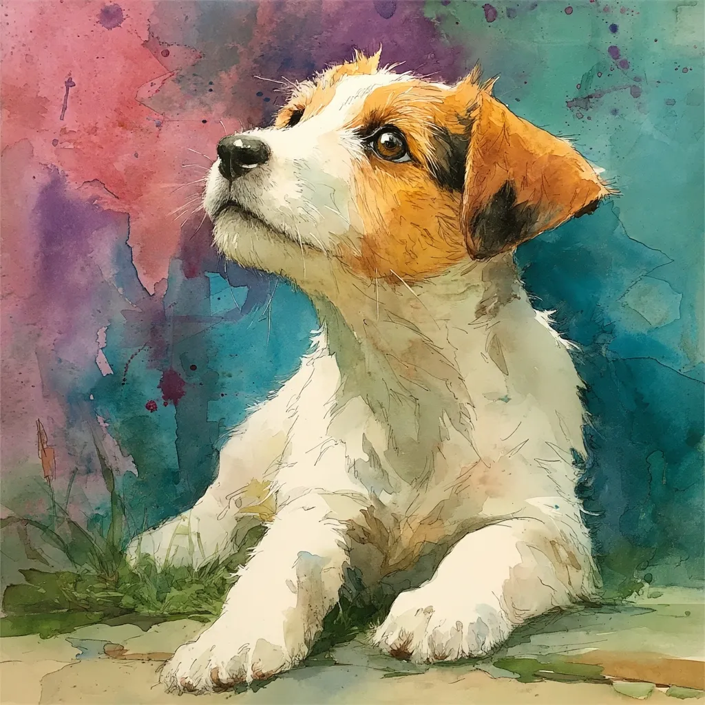 A watercolor painting depicts a Jack Russell Terrier puppy gazing upward.  The puppy is predominantly white with tan markings on its head and ears. It's lying down, its paws neatly tucked beneath it, in a patch of green grass against a vibrant background of teal, purple, and pink washes. The style is loose and expressive, capturing the puppy's innocent and curious expression.