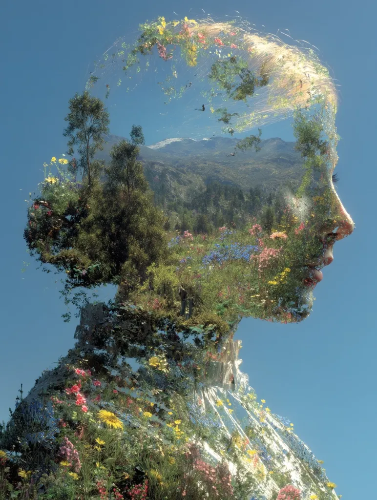 A digital artwork depicts a woman's profile seamlessly blended with a vibrant landscape. Her hair transforms into a blooming meadow, while her face and shoulders are overlaid with lush greenery, flowers, and distant mountains. The image evokes a sense of unity between humanity and nature, creating a visually stunning and surreal representation of interconnectedness.  The clear blue sky provides a contrasting backdrop.
