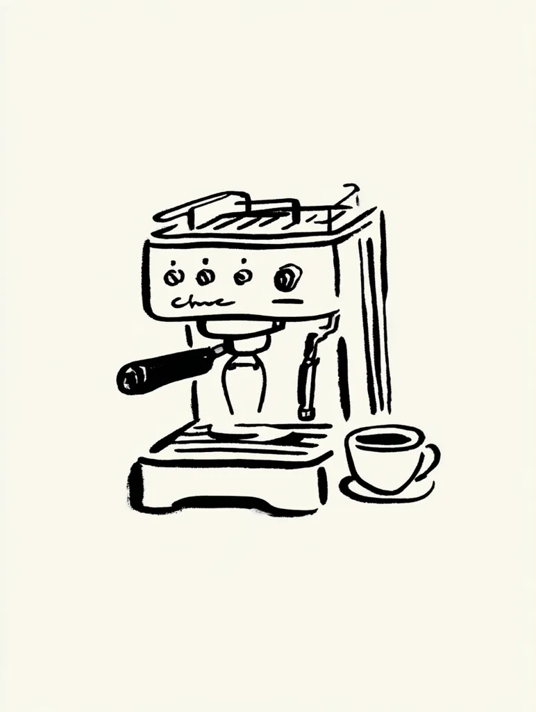A hand-drawn illustration depicts a coffee machine in a simple, bold style.  The espresso machine is shown with a cup of coffee sitting beneath the dispensing spout. The drawing style is expressive and slightly loose, emphasizing the overall shape and function of the machine rather than precise detail.  The background is plain, letting the black ink drawing stand out.