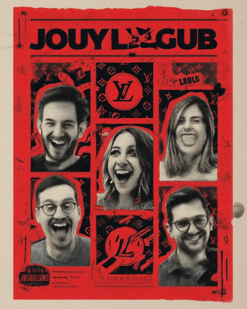 A red, newspaper-style poster announces "Jouylgub," featuring black-and-white headshots of five individuals arranged in a grid.  A prominent Louis Vuitton logo is interspersed among the photos.  The design is gritty and stylized, evoking a vintage feel.  The overall effect is bold and attention-grabbing, hinting at a brand or event announcement.