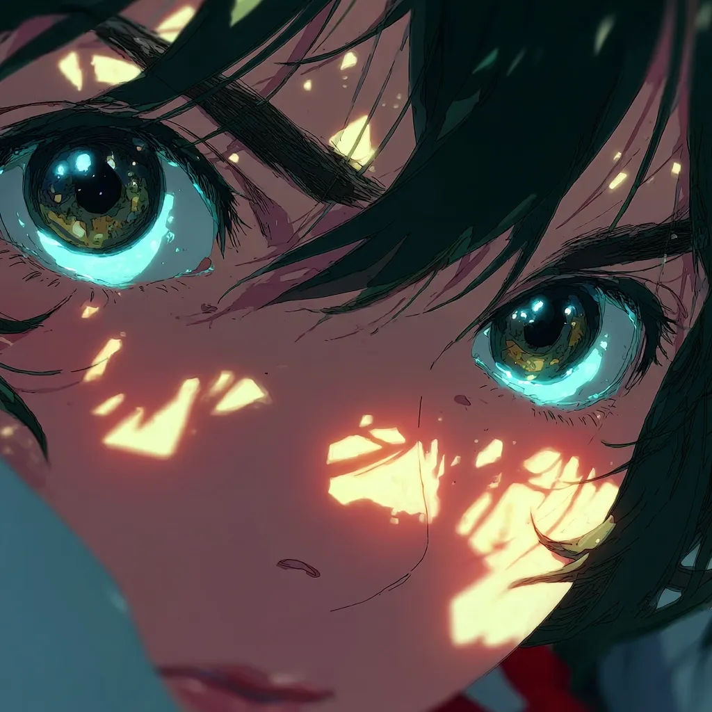 Close-up of an anime-style character's face, eyes glowing with a teal luminescence.  Dark green hair frames the face, illuminated by warm, fragmented light creating a textured effect on the skin. The character's expression is one of pensive contemplation, their gaze directed slightly off-camera.  The art style is detailed, emphasizing texture and light play.