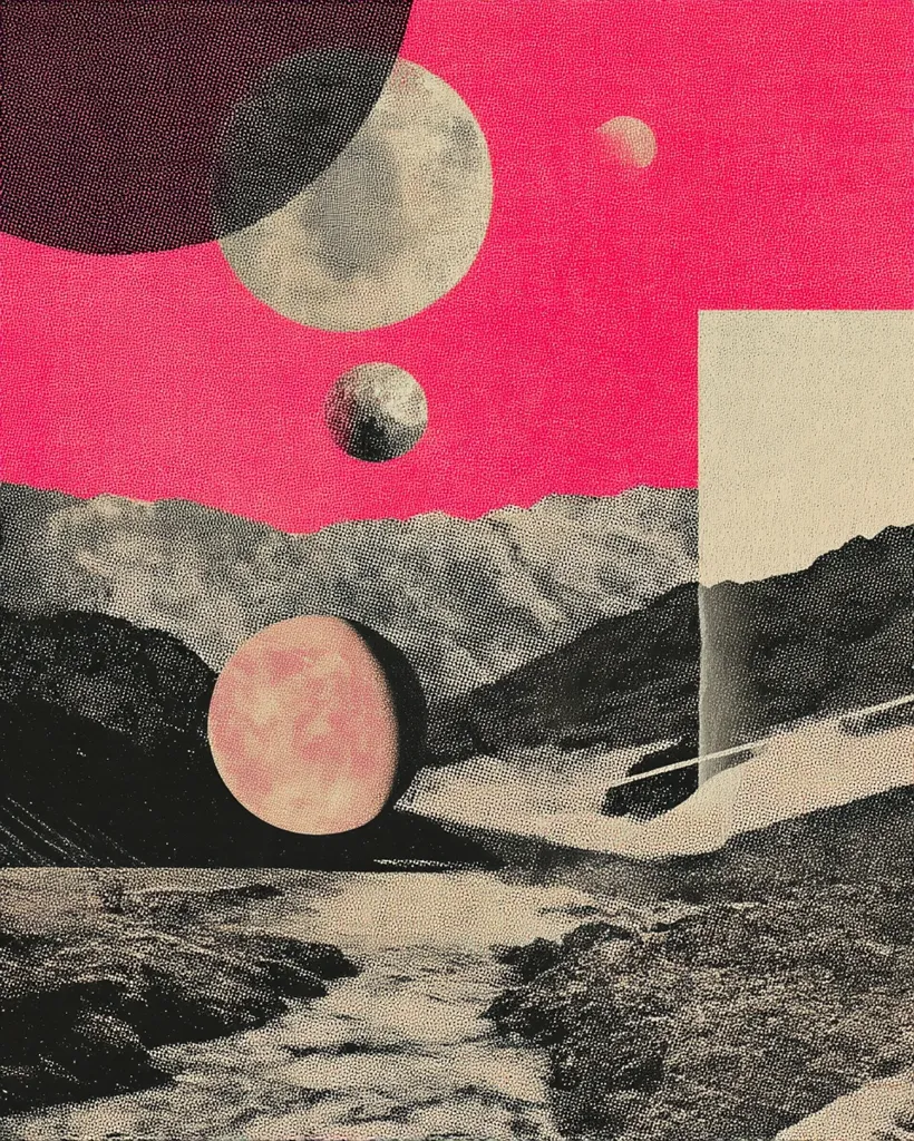 A surreal, collaged landscape features a vibrant pink sky populated by several planets of varying sizes and colors.  A dark, mountainous terrain dominates the lower half, with a light-colored stream winding through it. A rectangular, off-white shape suggests a structure or portal, adding to the dreamlike quality of the scene.  The overall style is reminiscent of vintage printmaking or a psychedelic poster.