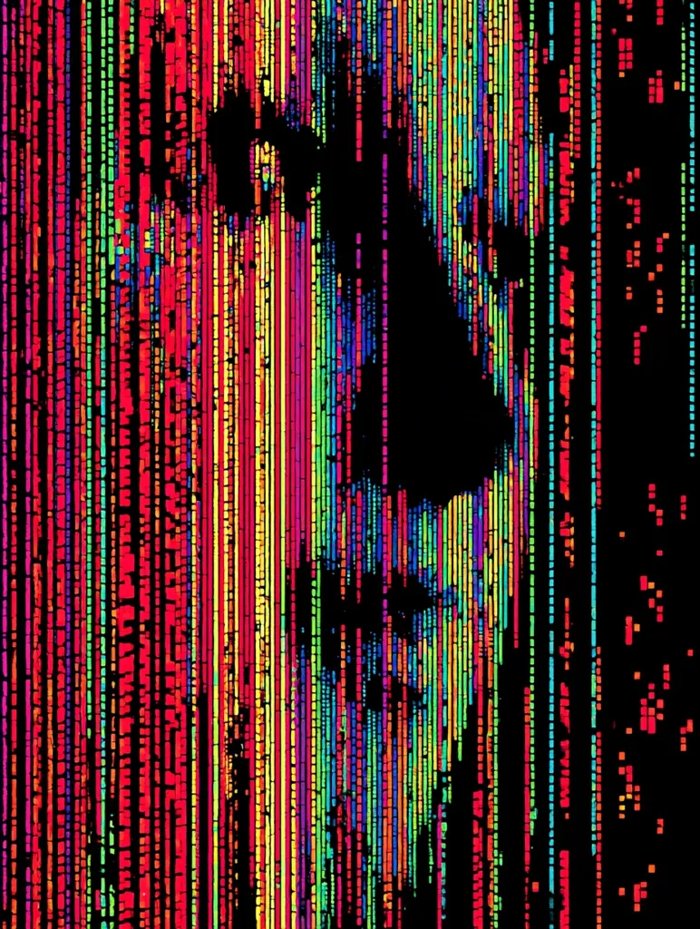 A vibrant abstract image features vertical streaks of multicolored pixels on a black background.  The colors are intensely bright, including reds, oranges, yellows, greens, blues, and purples.  A central, darker area suggests a fragmented or obscured form, possibly a face or figure, created by the gaps between the pixelated lines. The overall effect is one of digital distortion or a glitching image.