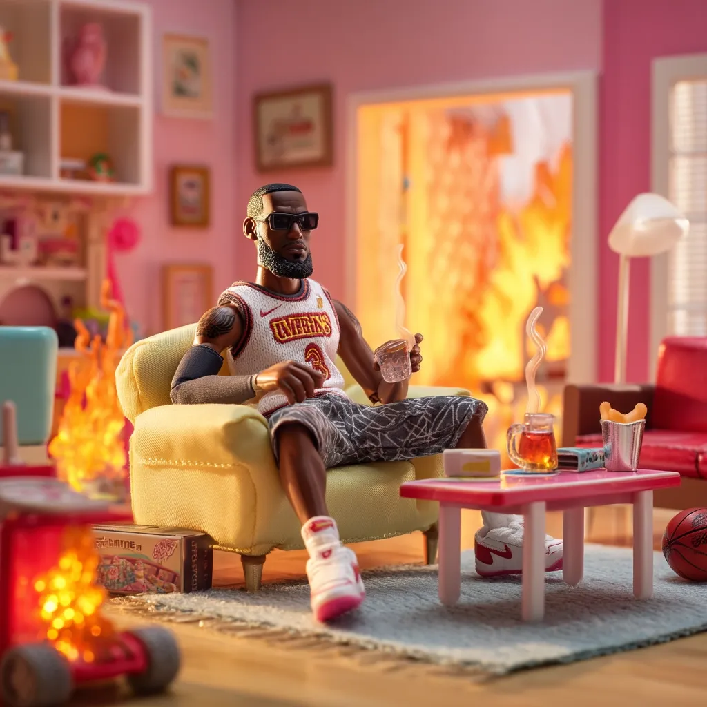 A LeBron James action figure, wearing his Lakers jersey, relaxes in a yellow armchair.  He holds a drink, and a small table nearby holds snacks and a beverage. A fire is visible in the background, adding to the cozy, yet slightly chaotic scene within a dollhouse-like setting.  The room is decorated in pastel pink.  The overall vibe is playful and slightly surreal.